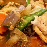 Gang Pha Curry · Gang pha curry with rhizome (kra chai) and mixed vegetables.