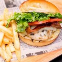 Grilled Chicken Sandwich · Served with fries. Chicken breast with applewood bacon, tomato, lettuce, provolone, and hone...