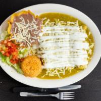Enchiladas Poblanas · Three enchiladas topped with green sauce, melted cheese, sour cream, and filled with your ch...