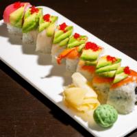 Rainbow Maki · Crabmeat, cucumber, avocado, shrimp, salmon, tuna and white tuna.