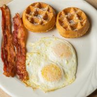 Club House #1 · 2 eggs, choice of: bacon, sausage link, or sausage patty, with 2 mini waffles and small juice