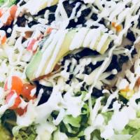 Salads · served with your choice of meat, chopped lettuce, rice, beans, tomatoes, cheese, sour cream,...