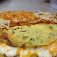 Rachel'S Omelette · Ham, Sausage, Bacon, Green peppers, Tomatoes, Onions & Cheese
