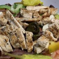 Chicken Breast Salad · Lettuce, tomatoes, cucumber, green peppers, onions, and chicken breast.