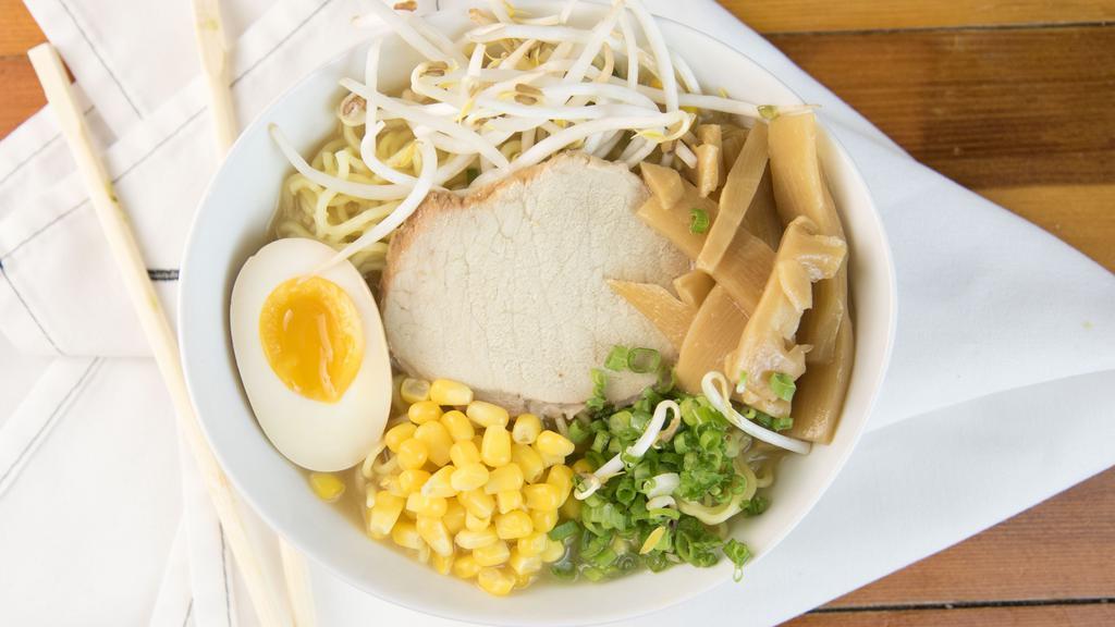 Miso Ramen · Miso broth, chadhu, corn, soft boiled egg, bean sprouts, bamboo shoots and green onions.