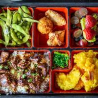 Bento Box · Serve during lunch time at 2:00 pm to 4:00 pm everyday. Recommended. Appetizer trio, edamame...