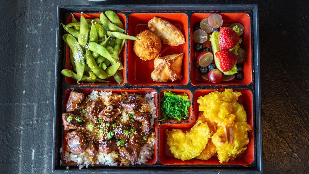 Bento Box · Serve during lunch time at 2:00 pm to 4:00 pm everyday. Recommended. Appetizer trio, edamame, fresh fruit, and choice of two entrées.