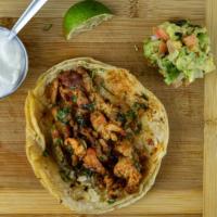 Grilled Chicken Taco · Three grilled chicken tacos with rice and beans