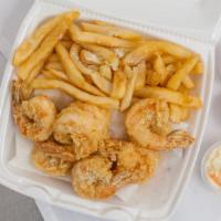 Small Jumbo Shrimp · 7 Pieces of Jumbo Shrimp. Served with fries and bread.