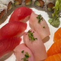 Samurai Sushi · Three (3) pieces tuna, three (3) pieces salmon, three (3) pieces yellowtail, and one (1) avo...