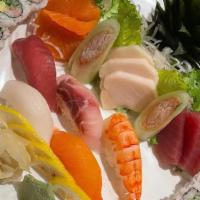 Sushi And Sashimi Combo (For 1) · Nine (9) pieces sashimi, five (5) pieces sushi, and one (1) California roll. Served with hou...