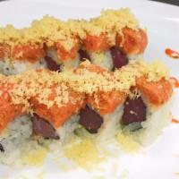 Crazy Tuna Roll · Tuna and avocado inside, topped with crunch and spicy tuna.