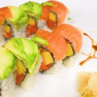 Green Bay Packer Roll · Spicy tuna, crunch, and tamago inside. Topped with salmon and avocado.