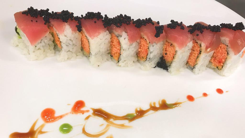 Black Diamond Roll · Spicy crabmeat and avocado with crunch topped with tuna and black tobiko.