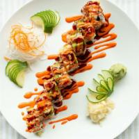 Western Roll · Spicy crab with crunch and avocado inside. Topped with avocado, shrimp tempura, spicy mayo, ...