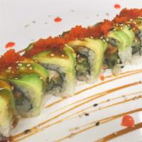 Dragon Roll · Eel and cucumber inside, topped with avocado, and tobiko.