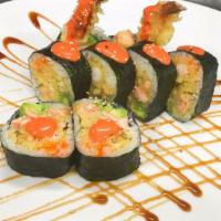 King Kong Roll · Salmon and shrimp tempura, avocado, and tobiko topped with Chef's special sauce.