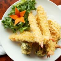 Assorted Tempura · Shrimp, chicken, and veggie. Served with miso soup or salad and white or brown rice.