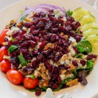 Michigan Cherry Salad · Michigan bed of mixed greens with tomatoes, onion, cucumber, dried cherries, walnuts and top...