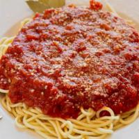 Spaghetti · Made in house, authentic spaghetti sauce with pasta.