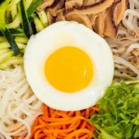 Regular Bibimbap · Rice with seasoned vegetable fried egg and choice of main topping.