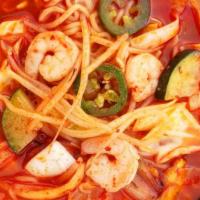 Seafood & Veg Ramen · Spicy Ramen with seafood and veggie. Contains shrimps, clams, oyster, cabbages, jalapenos, o...