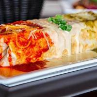 Queso Blanco Wet Burrito · With your choice of meat. All burritos are stuffed with rice, black or refried beans, lettuc...