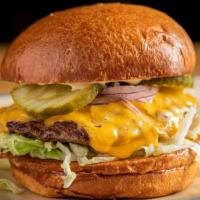 Darn Good Burger · griddled certified angus beef patty, lettuce, onion, dill pickle, American cheese, dijonaise...