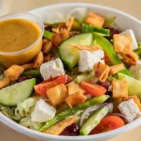 Chopped Greek Salad · iceberg lettuce, green pepper, red onion, cucumber, tomato, red wine vinaigrette, kalamata o...