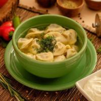 Pelmeni Soup · Delicious and nutritious soup with dumplings
served in a clear broth. Served with sour
cream.