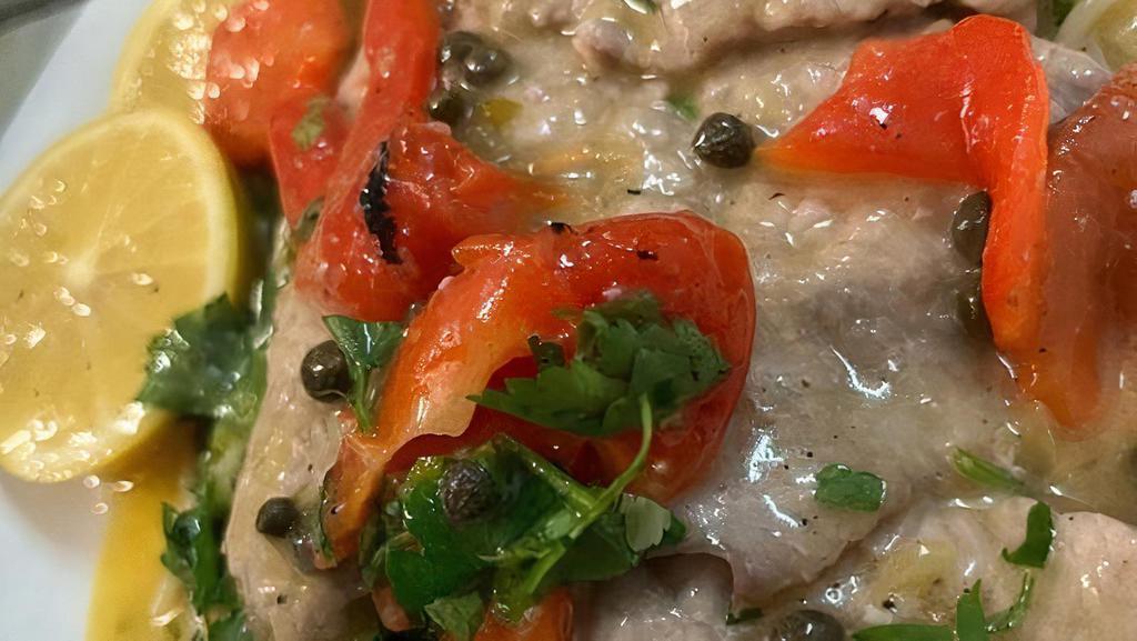 Veal Piccata · Capers, red pepper, wine sauce