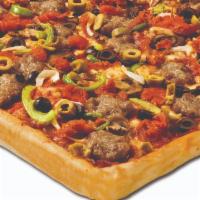The Works Pizza Medium · Italian sausage, pepperoni, fresh mushrooms, onions, green peppers, black and green olives a...