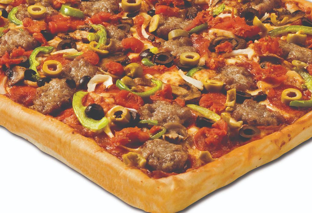 The Works Pizza Medium · Italian sausage, pepperoni, fresh mushrooms, onions, green peppers, black and green olives and diced tomatoes. 400/410 cal/piece.