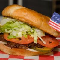 Smashed Cheeseburger · TOP SELLER! Butter seared beef, melted American cheese, shredded lettuce, tomato, onions, pi...