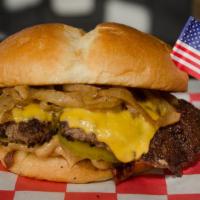 Pb & B · Butter-seared beef, melted American cheese, creamy peanut butter, honey, crispy bacon, caram...