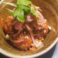 Chicken Meatballs · Sweet chili BBQ and candied almonds.