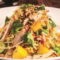Cantonese Chicken & Noodle · Mango, sprouts, mint, scallion, basil, almonds, cucumbers, bell pepper, sesame, and peanut d...