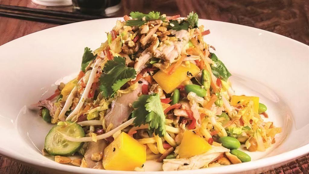 Cantonese Chicken & Noodle · Mango, sprouts, mint, scallion, basil, almonds, cucumbers, bell pepper, sesame, and peanut dressing.