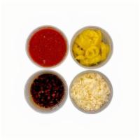Extras · 4oz Bags of Cheese, 4oz cup of Banana Peppers, 4oz cup of pizza sauce, 1oz cup of Chili Oil.