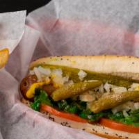 Chicago Style Dog · Hot Dog on a poppy seed bun with pickle, tomato, mustard, relish, onions, sport peppers & ce...