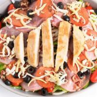 Signature (Chef) Salad · Tender grilled chicken strips, lean Canadian and smoked bacon, freshly sliced pepperoni, bla...