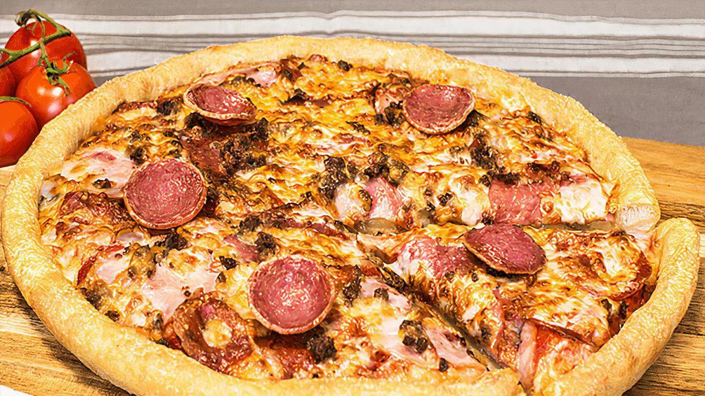 New York Deli Pizza · Most popular item. Pepperoni, salami, spicy Italian sausage, Canadian bacon, lean ground beef and gourmet cheese blend. Served with your choice of dipping sauce.