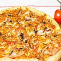 Canadian Classic Pizza · Canadian bacon, smoked bacon, pepperoni, mushrooms and gourmet cheese blend. Served with you...