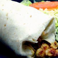 Burrito Grande · Choice of chicken, steak, chorizo, beef or pork stuffed with beans, rice, and cheese, topped...