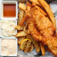Fish And Chips · Hand dipped beer battered cod, French fries, coleslaw, grilled lemon, malt vinegar, Old Bay ...