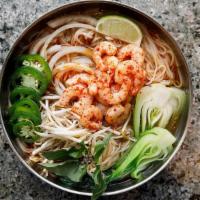 Shrimp Pho · Gluten-free. Vegan pho broth, rice noodles, chili shrimp, bean sprout, white onion, Thai bas...