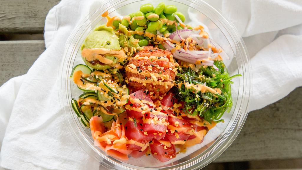 Aloha Tuna · Ahi tuna, spicy tuna, cucumber, and seaweed salad edamame, avocado, red onion, ginger, crispy garlic, spicy mayo, and eel sauce.

Eat fit approved are a small bowl with spring mix. Consuming raw seafood or shellfish may increase your risk of foodborne illness.