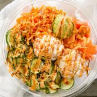 California Roll Bowl · Surimi (krab) salad, avocado, crispy onion cucumber salad, carrot, ginger, spicy mayo, and e...