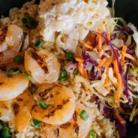 Hawaiian Garlic Shrimp · Shrimp cooked in Garlic Butter, Served over choice of rice, includes Hawaiian Mac Salad and ...