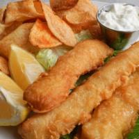 Fish And Chips · Three pieces of beer battered fried cod. Served with house made chips, and tartar sauce.